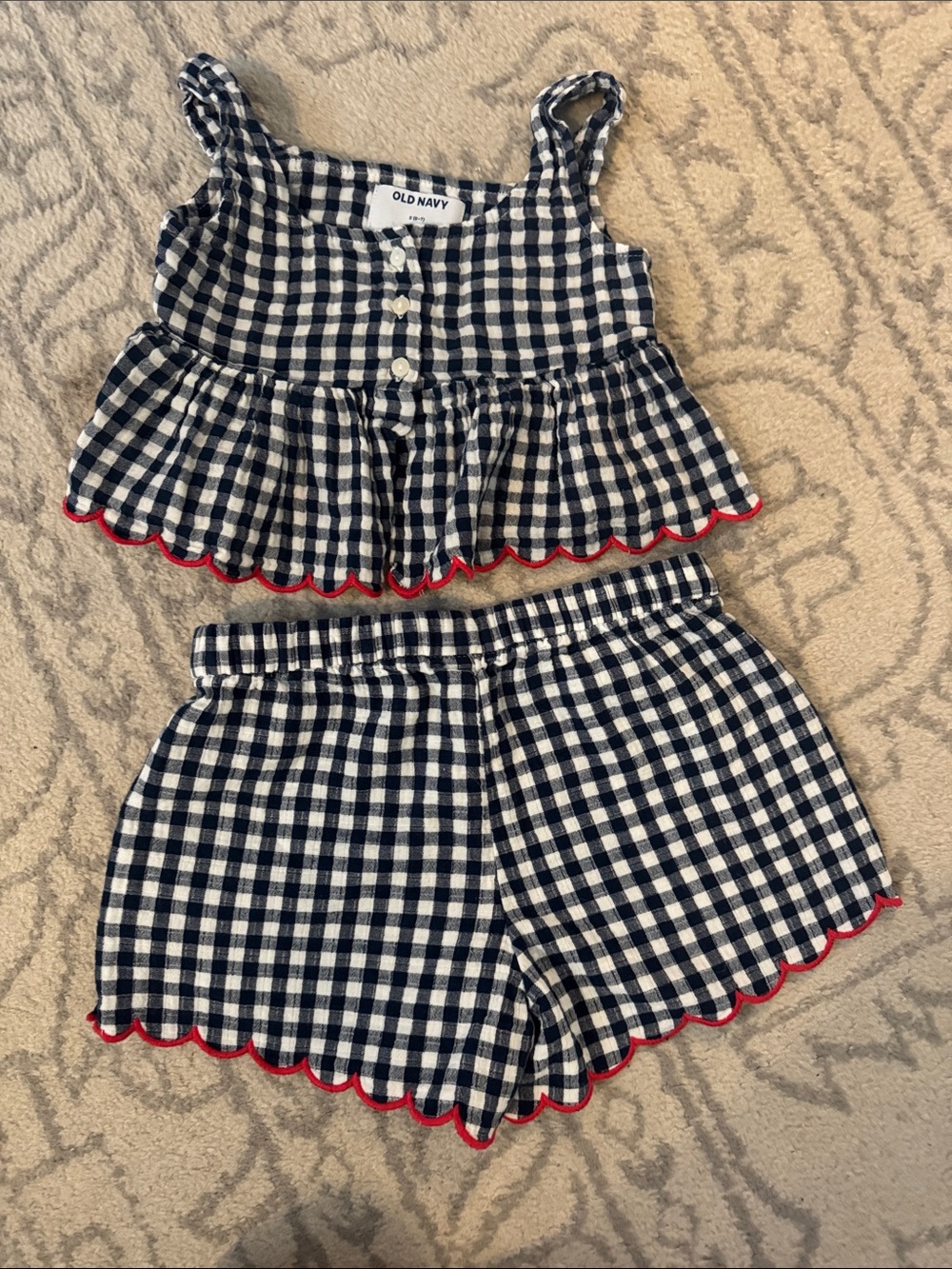 Old Navy Navy & White Gingham Shorts with Red Scallop Trim
